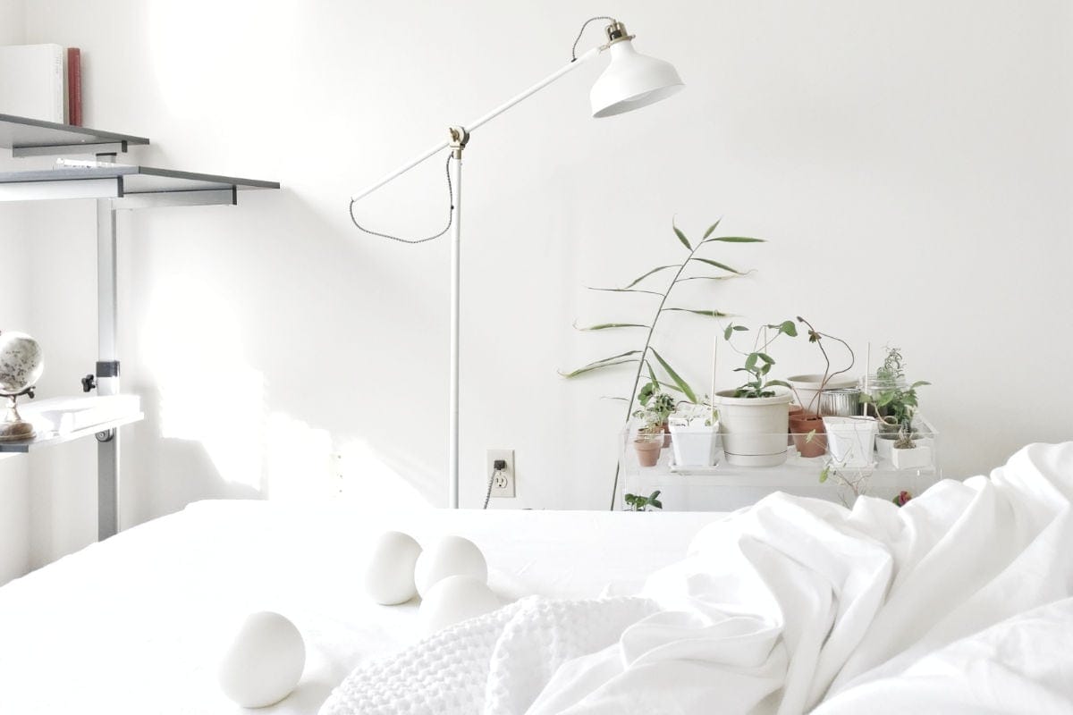 Clean and white bedroom with a lamp and some plants.